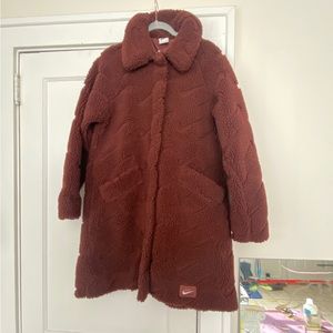 NIKE SWOOSH shearling long jacket sz S. Zipper front with snaps. LIKE NEW